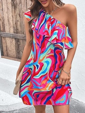 Dress to Impress: Allover Print One-Shoulder Colorful Chic Delight