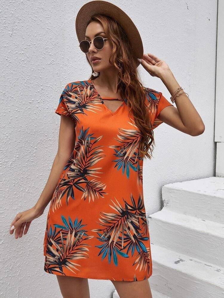 Sunset Breeze: Tropical Floral Print Tunic Summer Dress