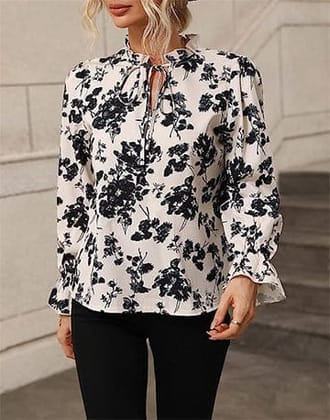 Boho Belle: Frilled Tie Neck Women's Floral Blouse