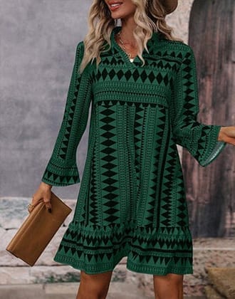 Women's Notched Neck Boho Geo Print Dress