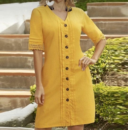 Solid yellow Buttoned Knee length Dress