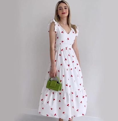 Cherry Print Ruffled Midi Dress