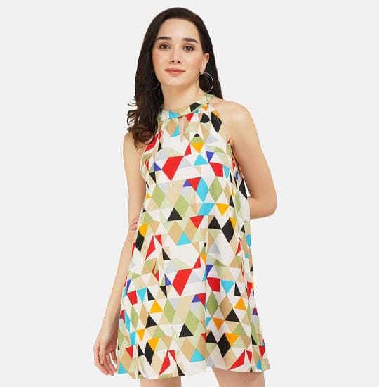 Multi-colored Abstract Printed Halter Neck Dress