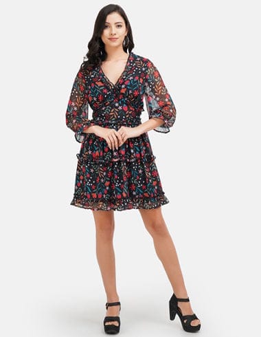 Black Floral Printed Fit & Flare Dress