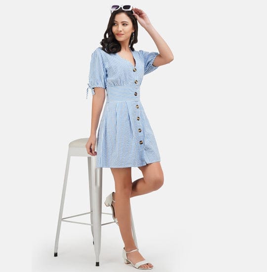 White & Blue Striped Cotton A-Line Dress