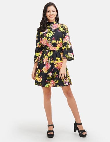 Black Floral Halter Neck Fit & Flare Dress