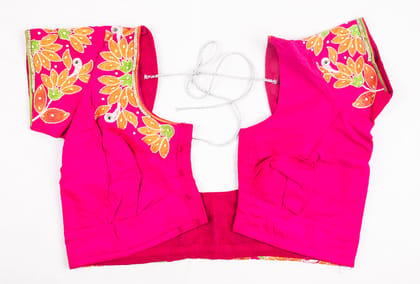  Hot pink embroidered cotton blouse with mirror work