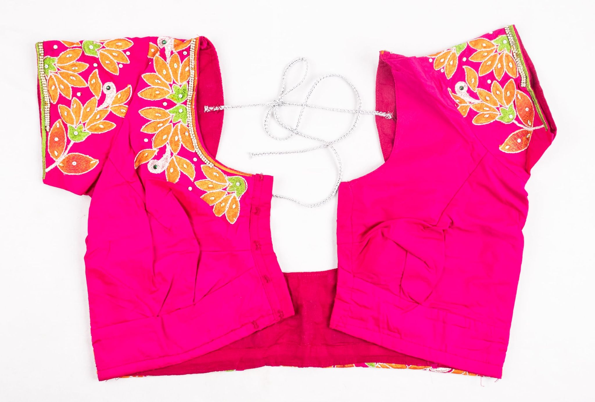  Hot pink embroidered cotton blouse with mirror work