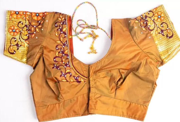  Women's Mustard Yellow Floral Embroidered Cotton Silk Saree Blouse