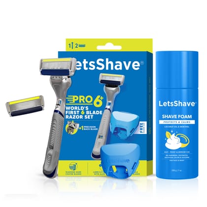 LetsShave Pro 6 Plus  Face & Body Shaving Razor Shaving Kit | World's First 6-Blade Razor with Precision Trimmer | Argan Oil & Aloe Vera Infused Moisture Bar | Sold in 130 Countries - Razor + Shave Foam + Razor Cap