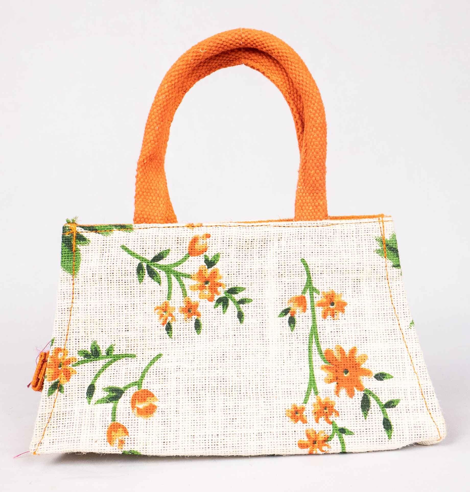  Floral Jute Tote Bag with Orange Handles