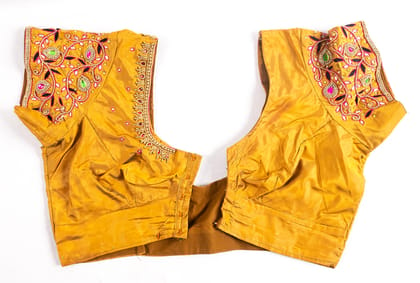  Golden yellow silk embroidered blouse with mirror work and beads