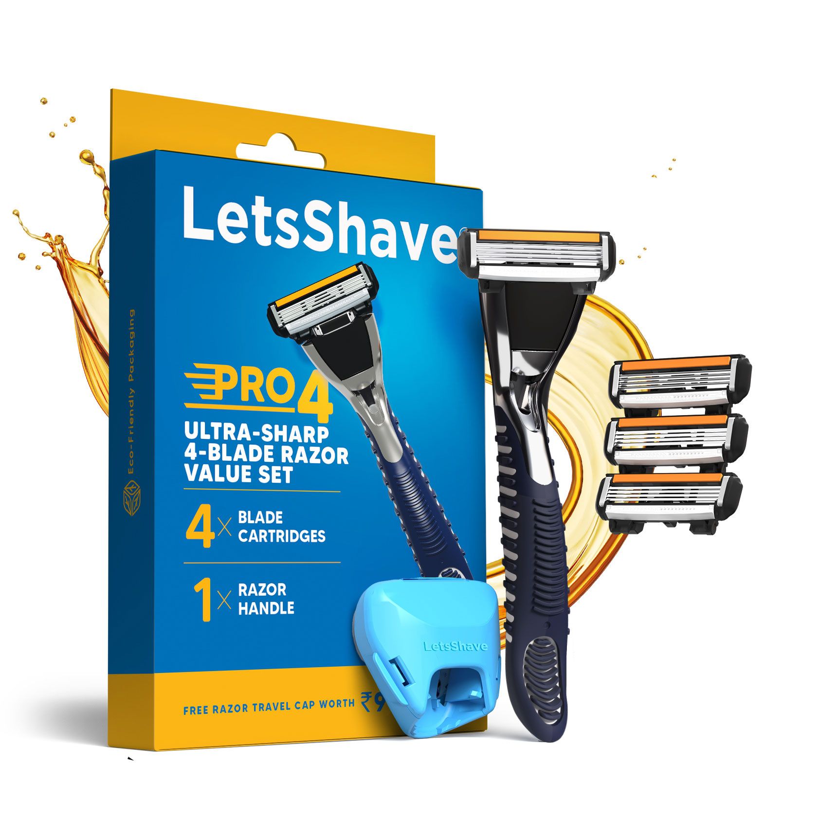 LetsShave Pro 4 Value Set- Four Blade Razors for Men with 4 Shaving Blade Refills/Cartridges & Razor Cap for Hygiene | Made in South Korea - Sold in 130 Countries | Hair Removal Razor Shaving Kit