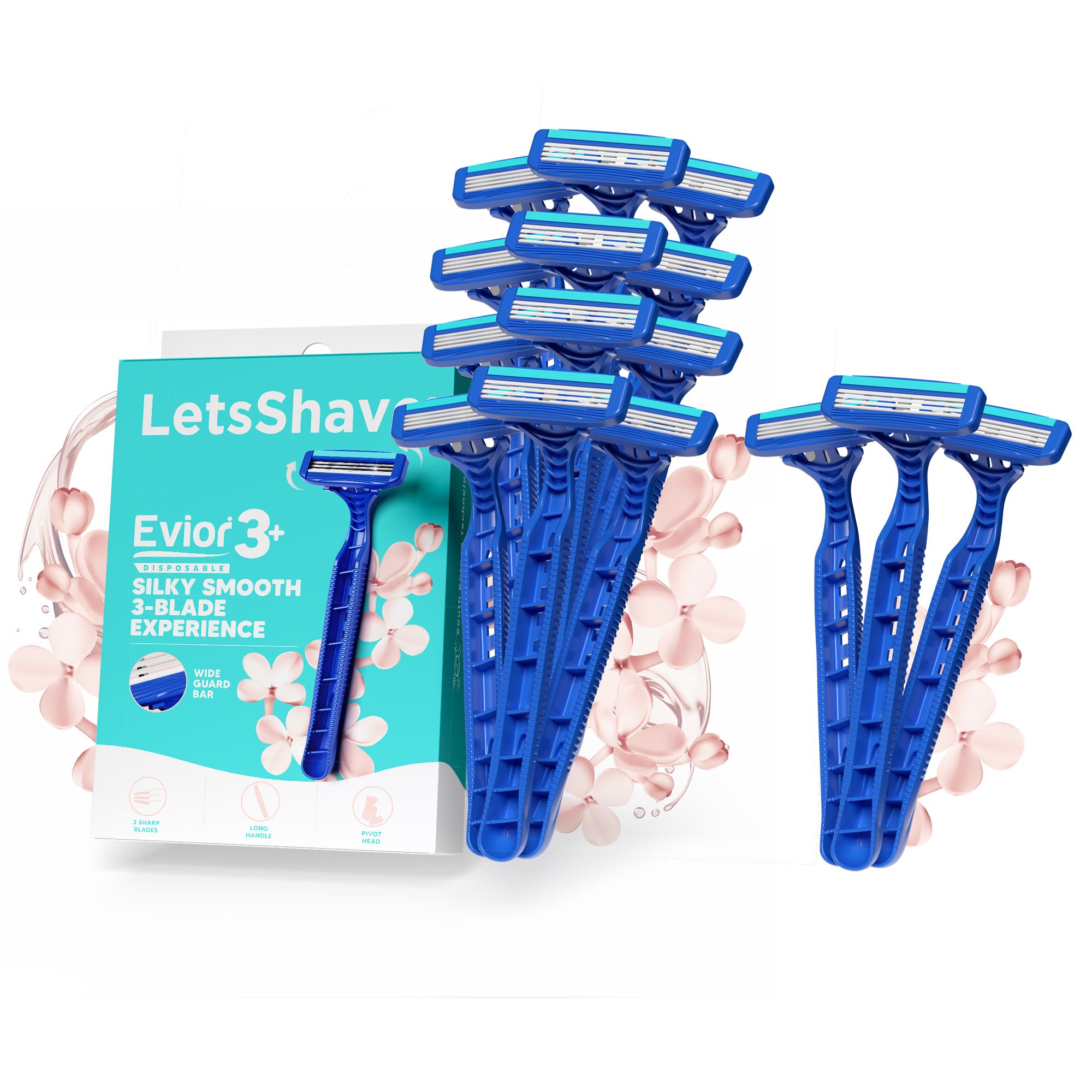 LetsShave Evior 3 Blade Plus Disposable Razor for Women (Pack of 12+3) | Painless Hair Remover for Women | Stainless Steel Blades