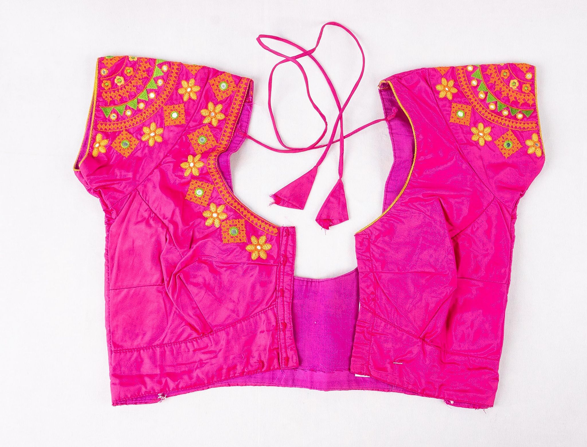  Embroidered Pink Saree Blouse with Mirror Work