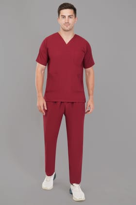 Scrub Suit | 5-Pockets Scrub | Maroon Color | Unisex Pattern | Set Of Upper & Bottom | Comfortable | Durable | Best Fitted For Medical Professionals