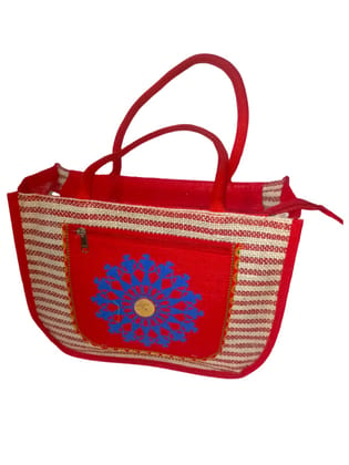 Red and White Striped Jute Tote Bag with Blue Floral Embroidery