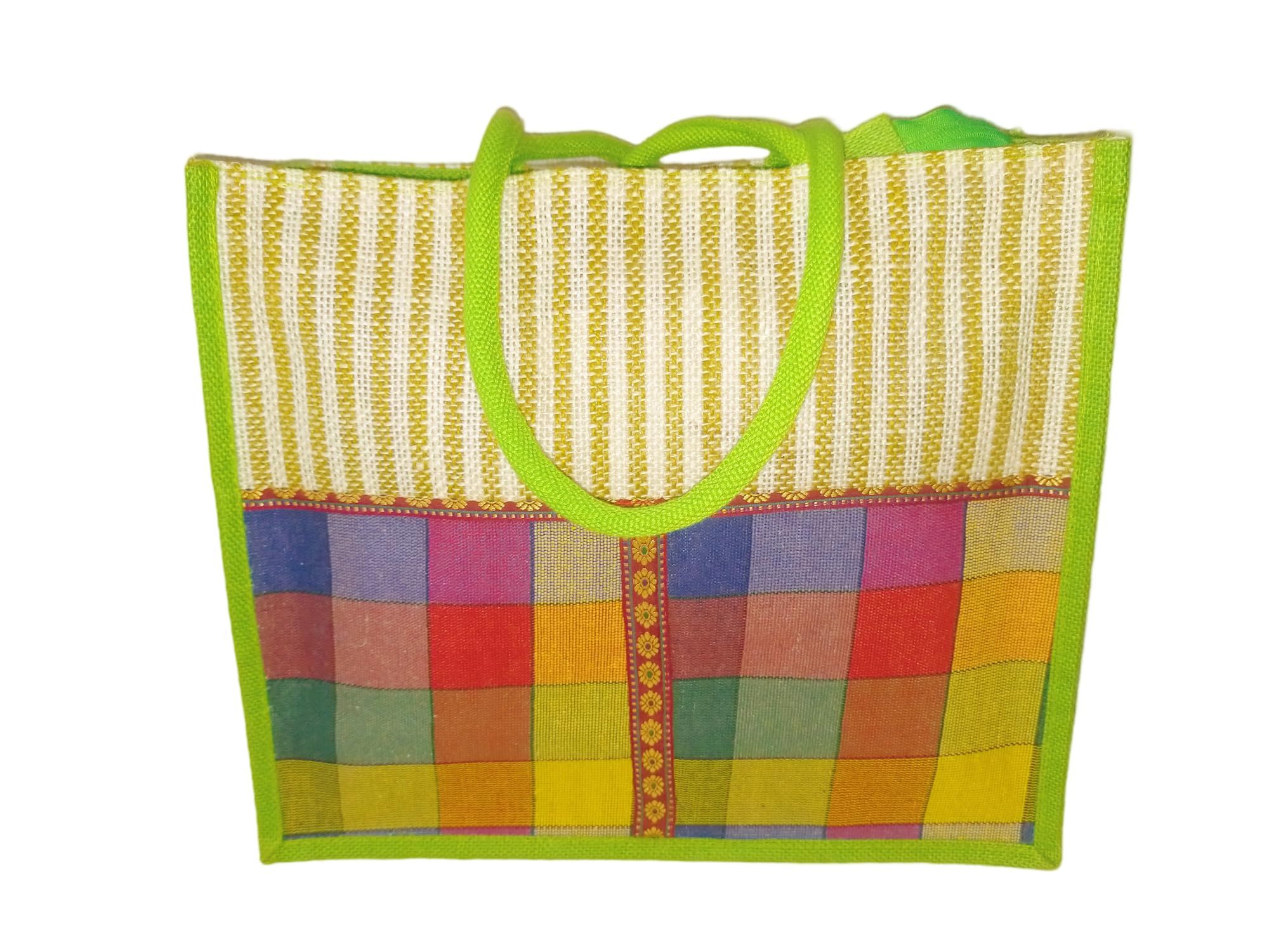 Colorful Jute Tote Bag with Green Trim