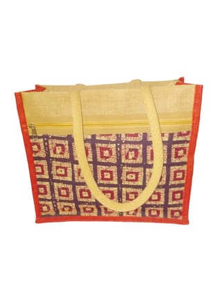 Jute Tote Bag with Geometric Print and Red Trim