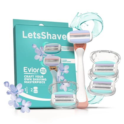 LetsShave Evior Trial Pack Shaving Razor Value Set For Women, 4 Blades + 1 Handle, Open Flow Cartridge, Dual Moisture Bar & Micro Comb Guard Bar, Razor For Women Underarms, Legs & Bikini Area