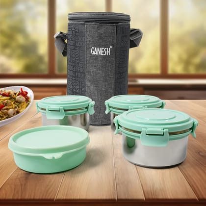 Ganesh 4In1 Tiffin Box-Lunch Box | 3 Stainless Steel Containers 300 Ml Approx & Plastic Salad Container 200 Ml Approx| Plastic lid Box | Round Zip Bag | Leak Proof | Microwave Safe for Office, College and School for Men, Women