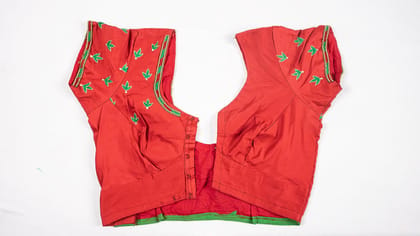  Red Cotton Embroidered Blouse with Green Leaves