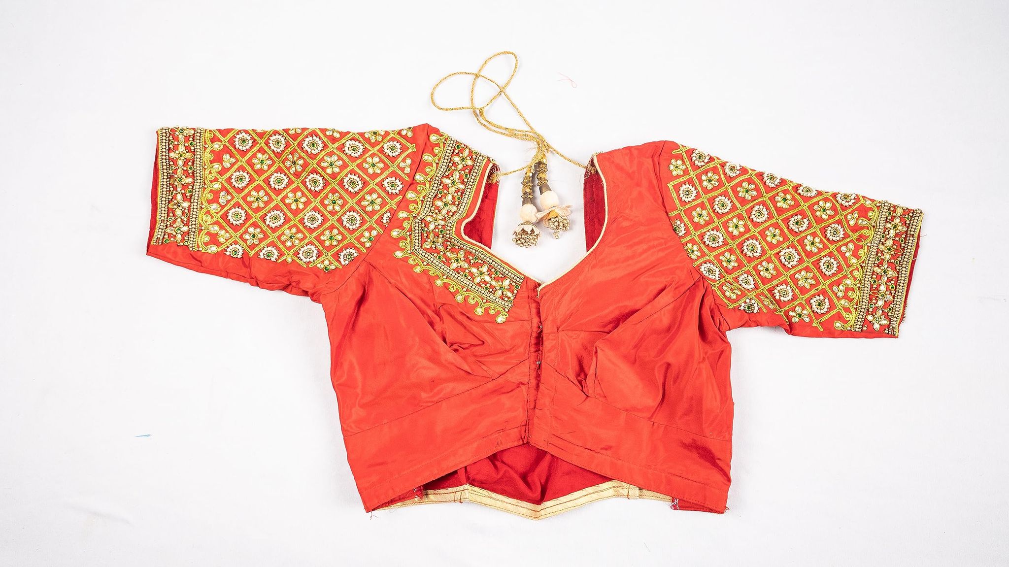  Red Embroidered Blouse with Golden Beads and Stones