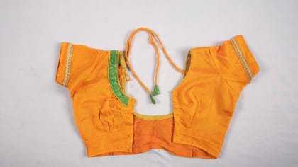  Yellow Cotton Readymade Saree Blouse with Green and Golden Lace Border