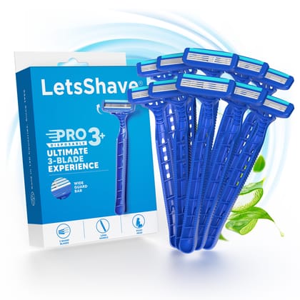 LetsShave Pro 3 Plus Disposable Shaving Razors for Men | Stainless Steel | Razor with rubber grip handle & Safety Cap |Open Flow Hair Remover Made in South Korea | Pack of 10