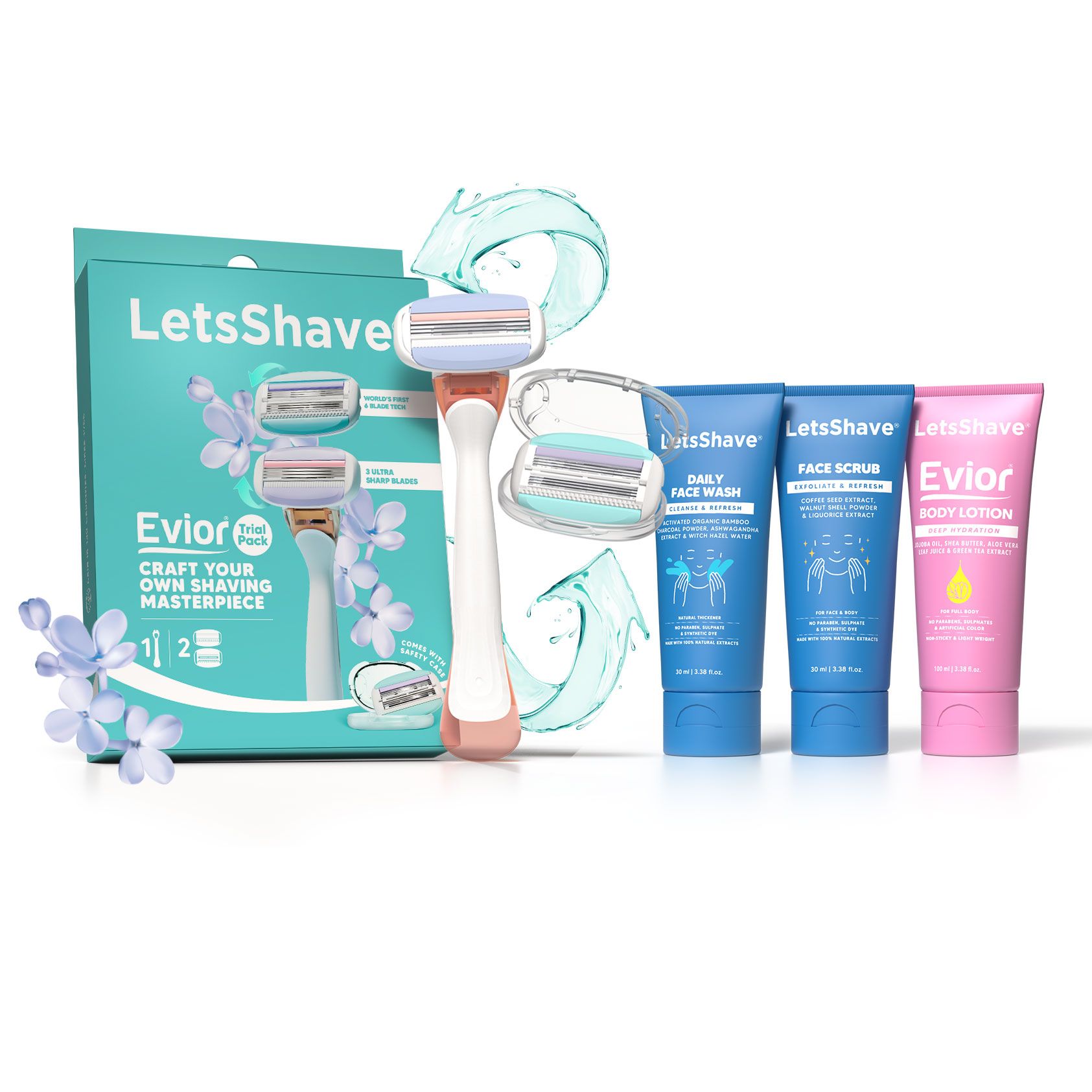 LetsShave Evior Trial Pack  Executive Kit for Women- Evior 6 Razor,Body Lotion,Transparent Shave Gel,Face Scrub | Hair removal care kit for Women