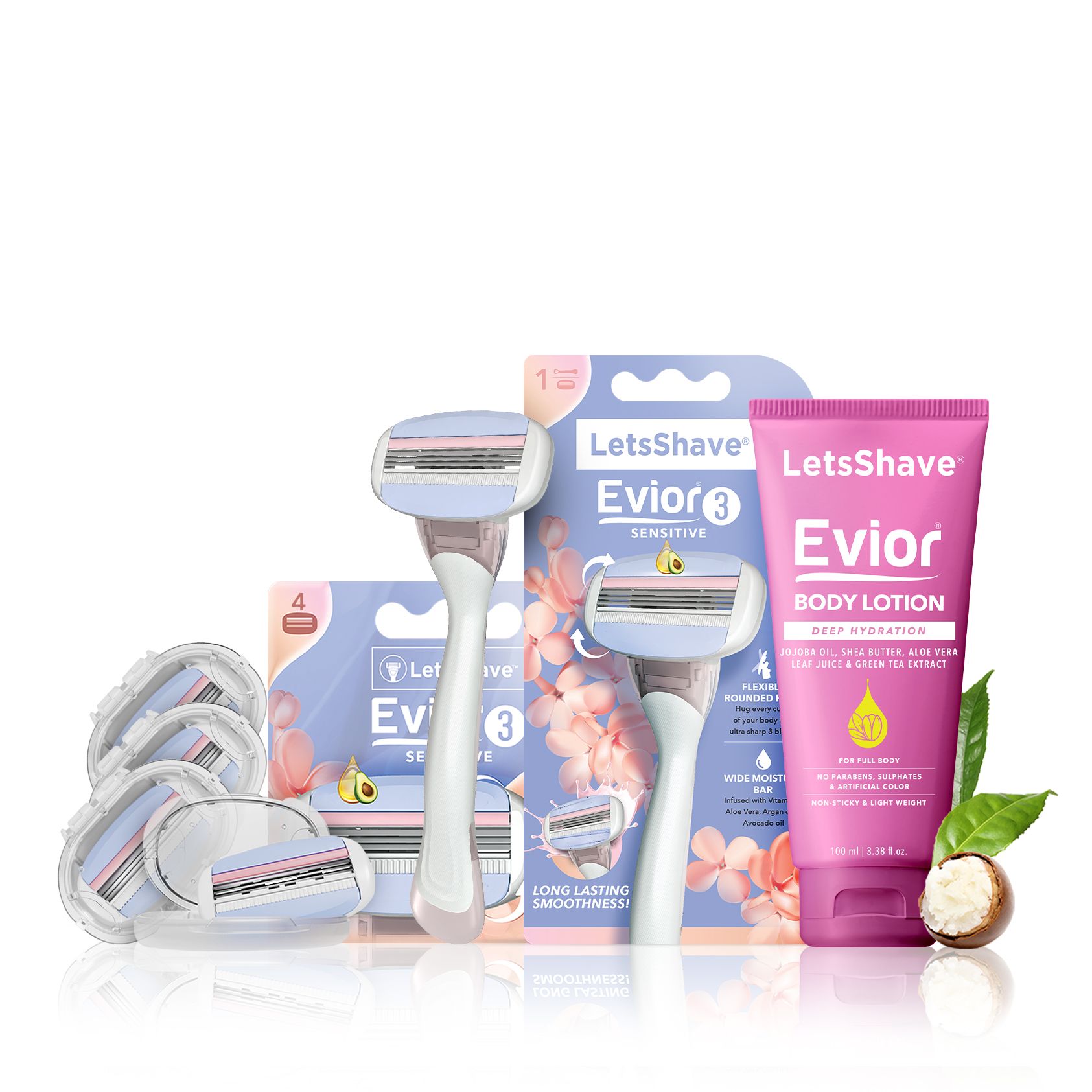 LetsShave Evior 3 Value Kit- Evior 3 Manual Razor+Blade refills/cartridges (4 Pcs) with Body Lotion | Full Body Hair Removal Razor for Women