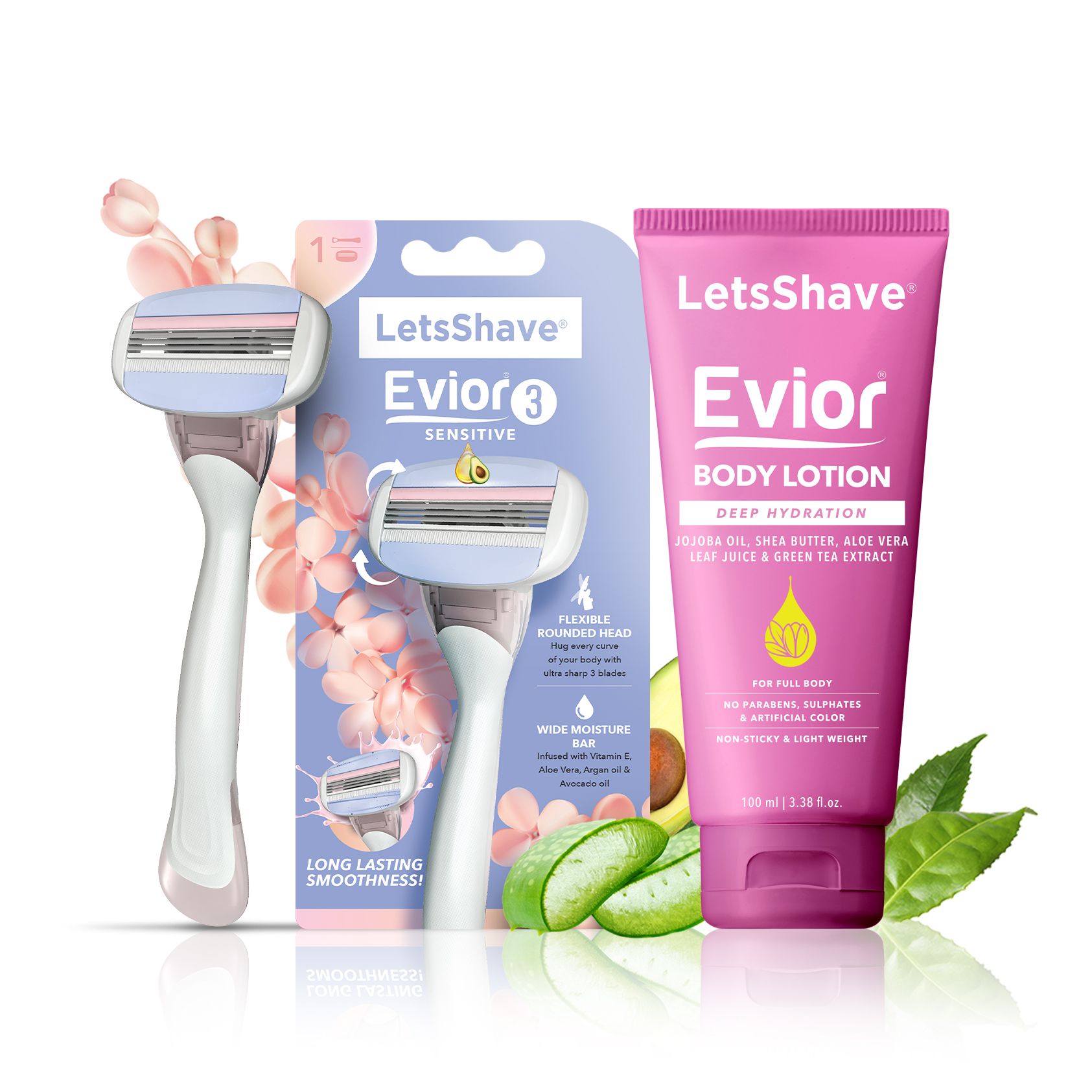 LetsShave Evior 3 Blade Full Body Razor for Women & Evior Body Lotion for Women | Hair Removal Razor | Infused with Orange Peel Extract, Shea Butter & Argan Oil