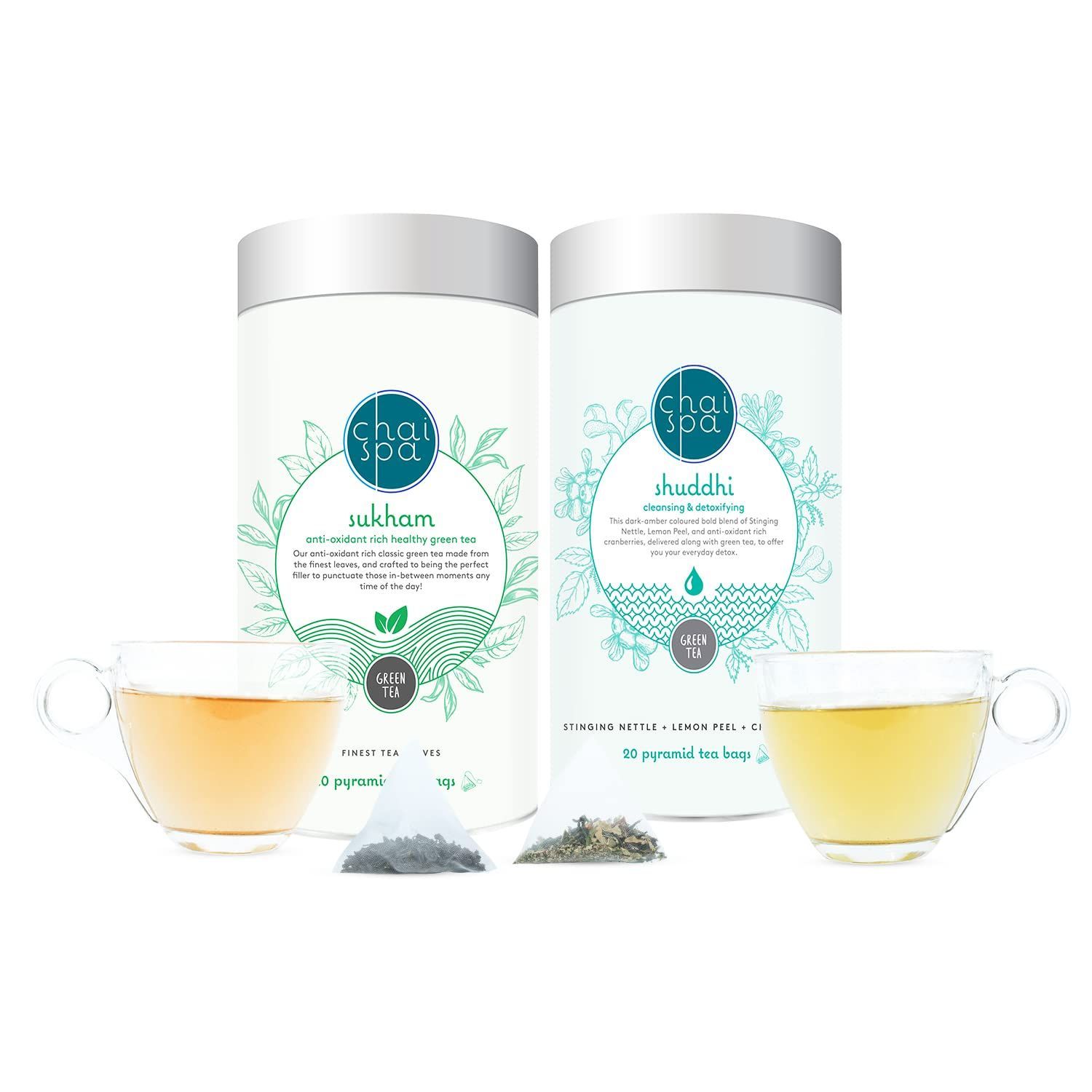 ChaiSpa Mindful Detox- SUKHAM & SHUDDHI by Teafloor | Green Tea for Rejuvenating Body | Detox Green Tea | Only Natural Ingredients | 100% Pure and Hygeinic | 40 Green Tea Pyramid Bags