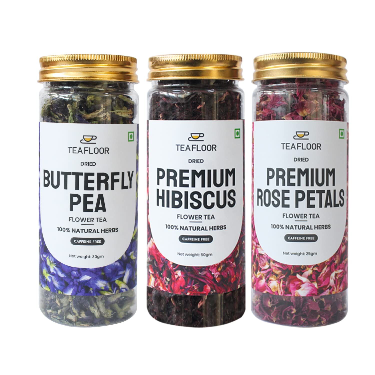 TeaFloor- 3 In 1 Combo | BUTTERFLY PEA TEA 30g, PREMIUM HIBISCUS TEA 50g, PREMIUM ROSE PETALS 25g | Good for Hair & Skin | Stress Relief Tea | 150 Cups - 105g | Caffeine Free Herbal Tea | Flower Tea