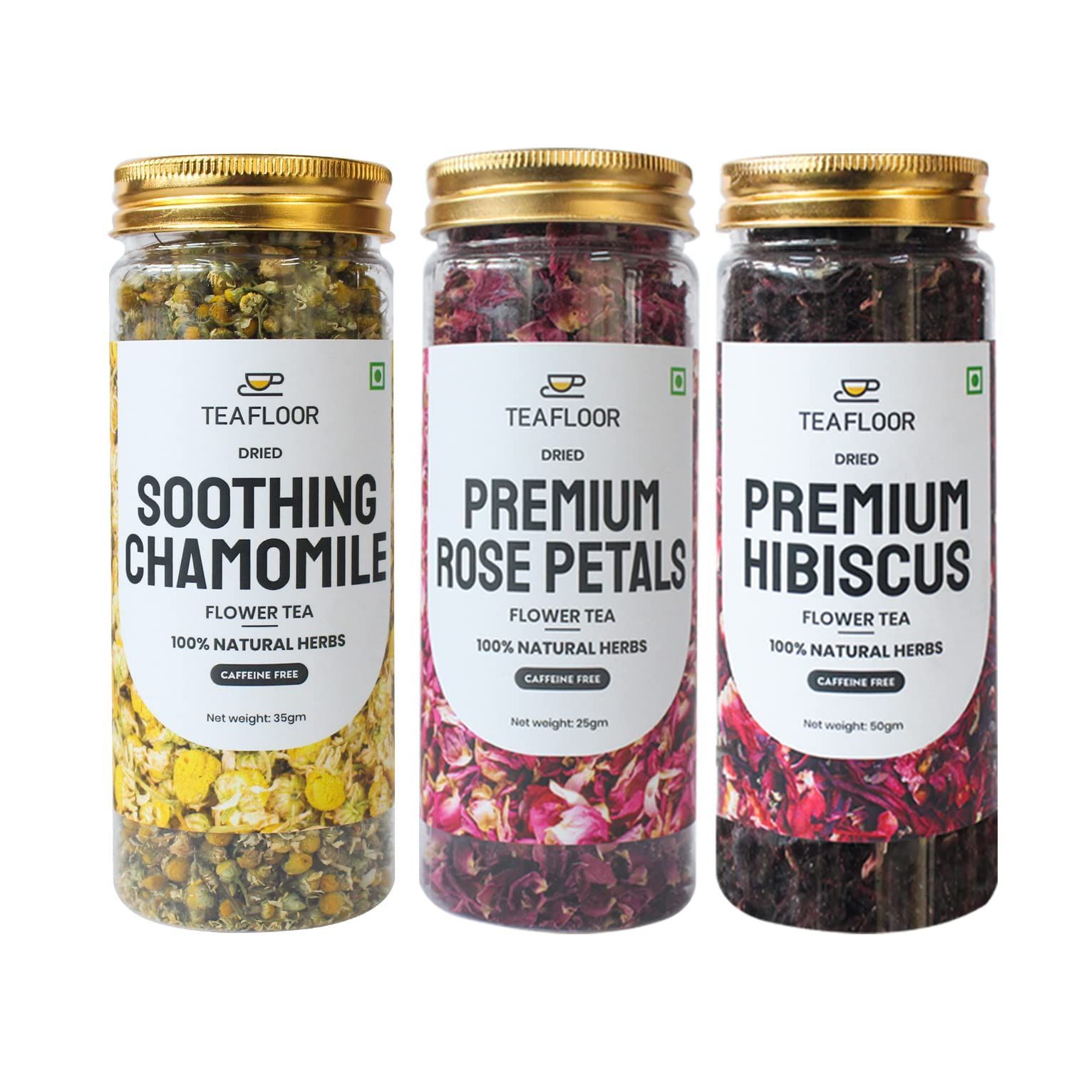 TeaFloor- 3 In 1 Combo | SOOTHING CHAMOMILE TEA 35g, PREMIUM ROSE PETALS 25g, PREMIUM HIBISCUS TEA 50g,| Good for Hair & Skin | Stress Relief Tea | 150 Cups - 110g | Caffeine Free Tea | Flower Tea