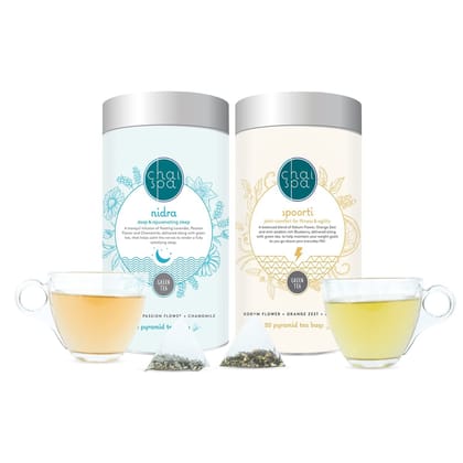 ChaiSpa Twinkling Dawn- NIDRA & SPOORTI by Teafloor |Green Tea for Weight Management | Tea for Active Day |Only Natural Ingredients |40 Green Tea Pyramid Bags