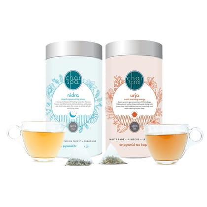 ChaiSpa Start Fresh - NIDRA & URJA by Teafloor | Tea for Sleeping Wellness | Tea for Energising Morning | Instant Relief from Stress and Anxiety |Only Natural Ingredients |40 Green Tea Pyramid Bags