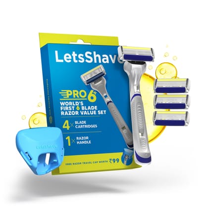 LetsShave Pro 6 Plus  Face & Head Shaving Razor Value Set World's First 6-Blade Razor with Precision Edge Argan Oil & Aloe Vera Infused moisturizing strip Razor + 4 Blades + Razor Cap