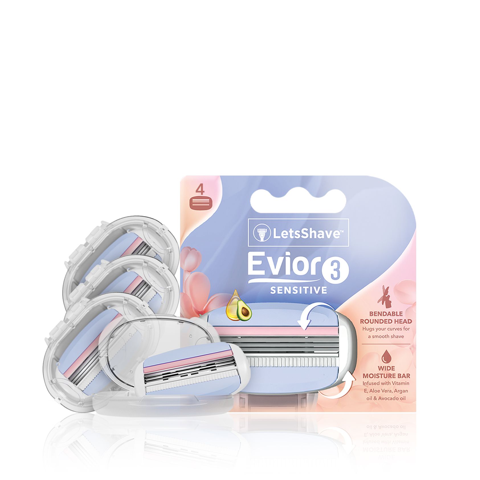 LetsShave Evior 3 Sensitive Blade Refills/Cartridges | Open Flow Hair Removal Razor Blades for Women | Made in South Korea | Rounded Head, Wide Moisture Bar with Vitamin E & Aloe Vera - Pack of 4