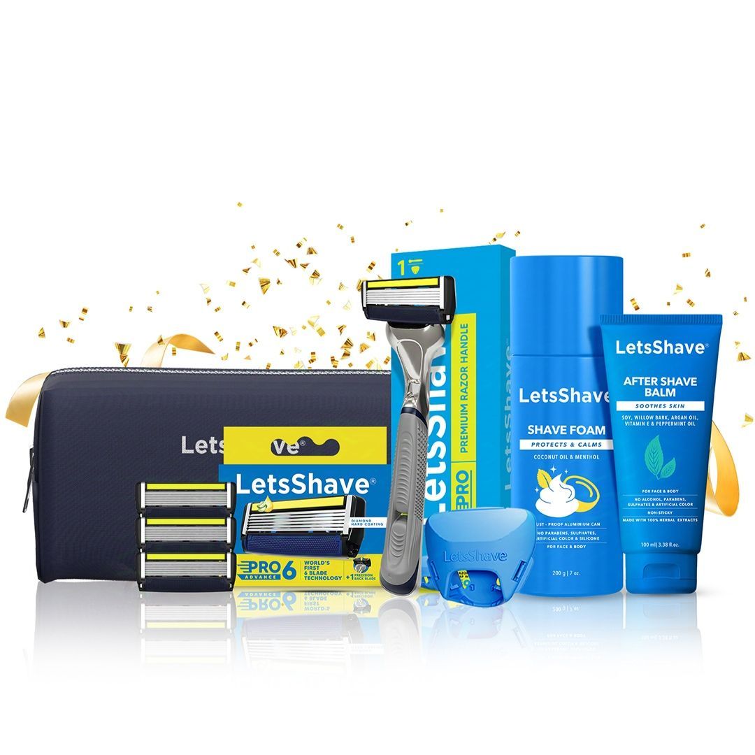 LetsShave Pro 6 Advance Premium Gift set | 6 Blade Razor with Cartridges (Pack of 4), Travel Cap, Shave Foam (200ml), After Shave Balm (100ml) and Travel Bag | Complete Shaving Kit for Men