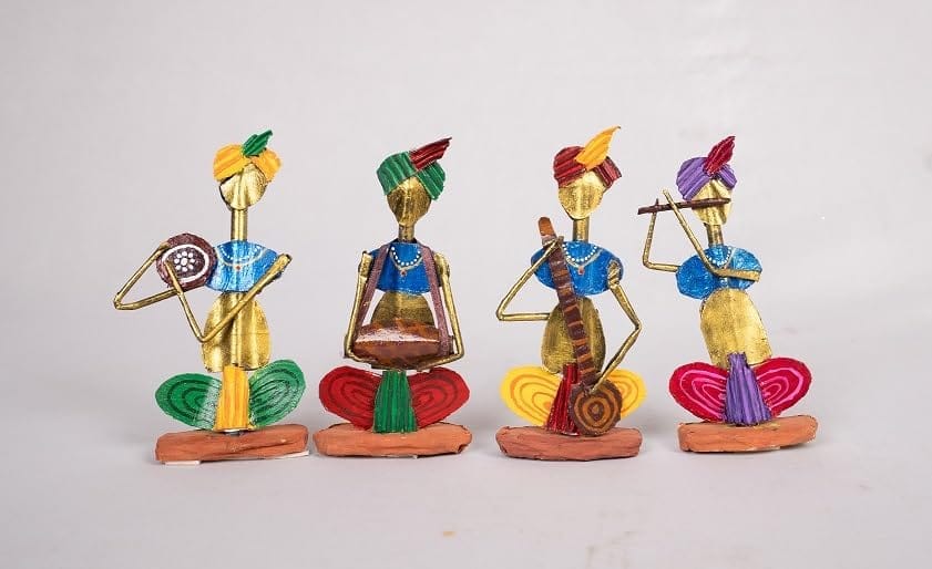  Set of 4 Rajasthani Folk Musicians Playing Instruments - Handmade & Hand-Painted