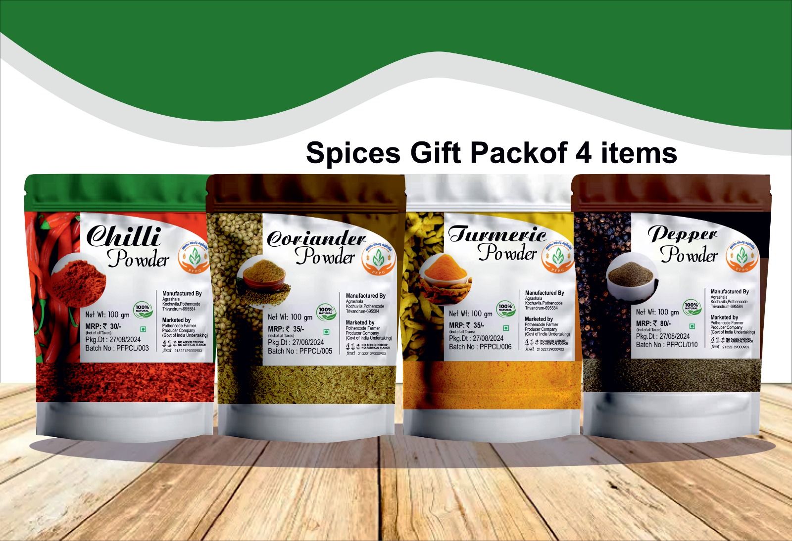  Spices Gift Pack of 4 Items (Chilli Powder, Coriander Powder, Turmeric Powder, Pepper Powder)