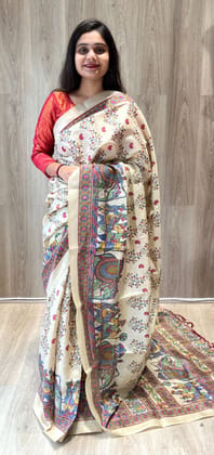 HandPainted Pure cotton Silk Saree With Madhubani Print Work