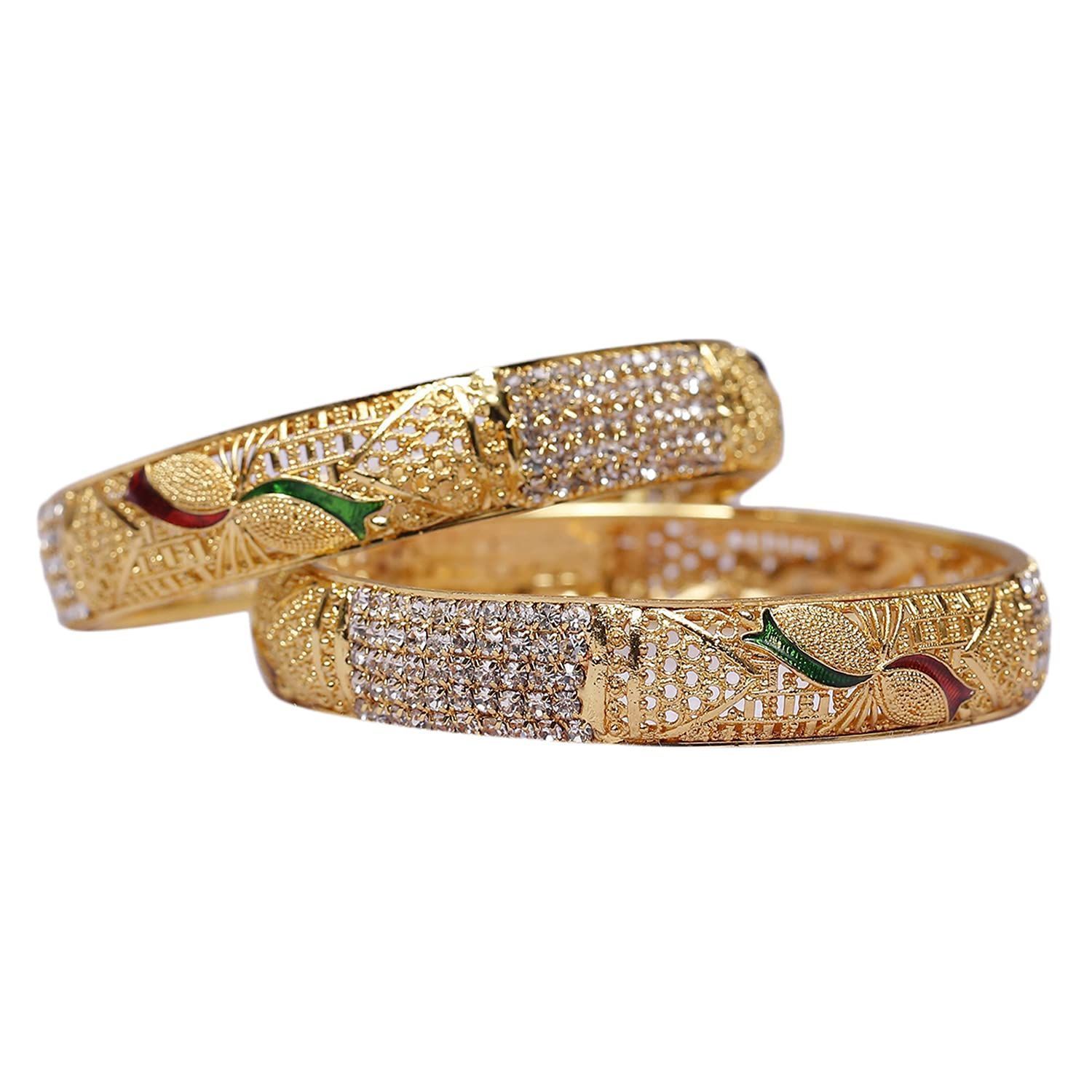 Traditional Gold-Plated Bangles/Pink & Green Stone-Studded Handcrafted Bangles/ Bangles/ Set of 2