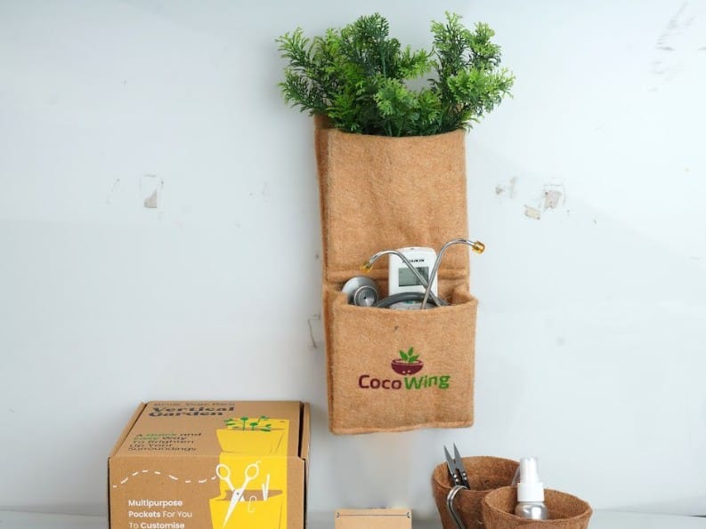 CocoWing Jute Grow Bag with 2 Vertical Pockets | Wall Mounted Planter | Sustainable Holder for Plants and Storage