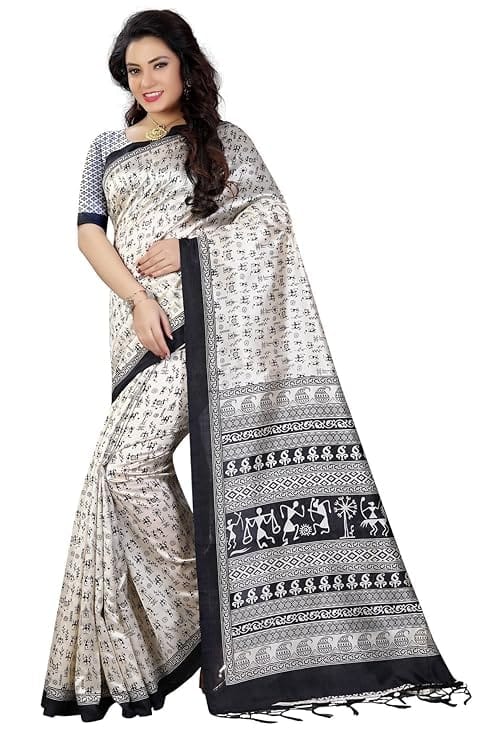 LegacyVogue Ethnic Silk Saree with Traditional Greek Procession Madhubani Art in Black Pallu