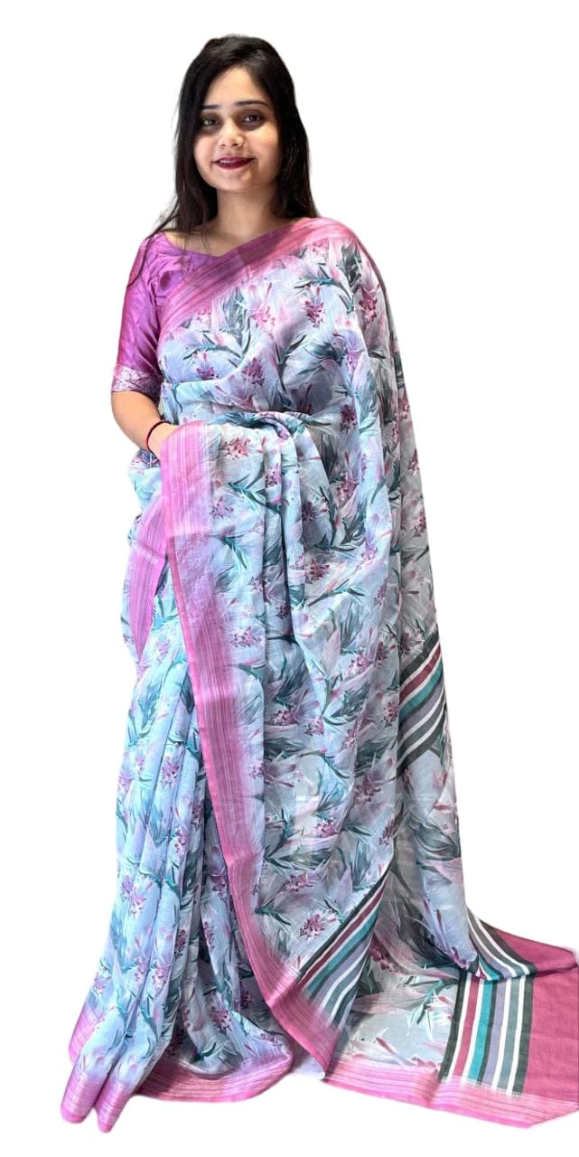 Ethnic Women's Elegant Floral Printed Art Tussar Silk Border Saree With Blouse Piece