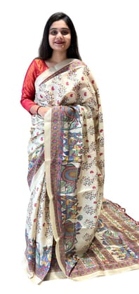 LegacyVogue Silk Saree with Traditional Elephant Procession Madhubani Art