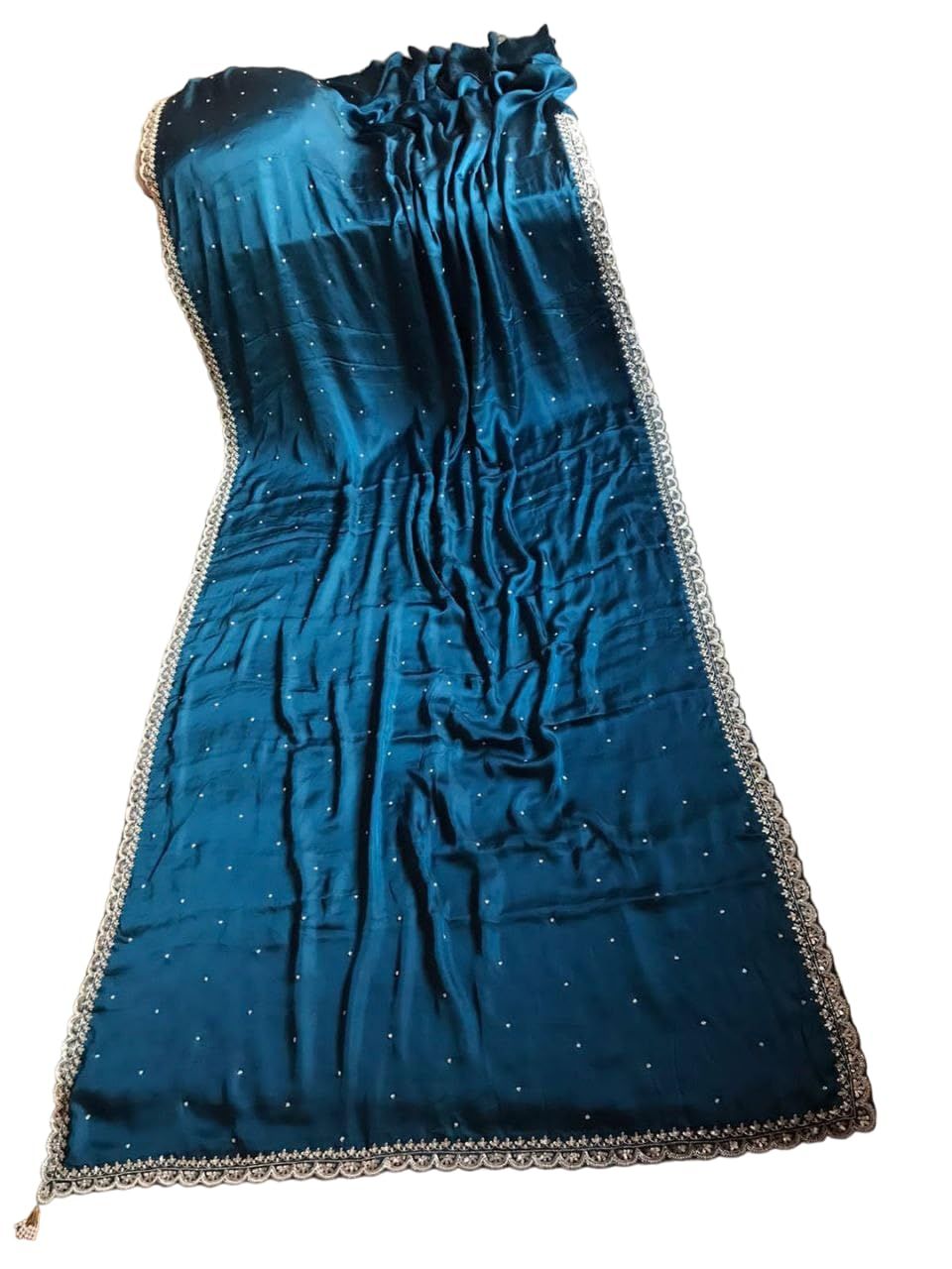 LegacyVogue Teal Blue Satin Silk For women Drape with Silver Zardozi Pearl Handwork