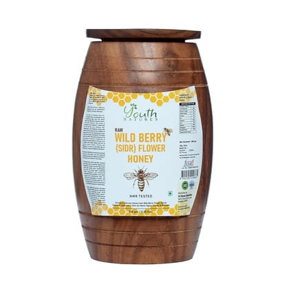 YOUTH NATURES - Pure Wild Berry Pure Honey 500g Sheesham Wood Container | Ancient Egyptian Style Unprocessed, Unpasteurized, NMR Tested for Purity | Preserving Nature's Goodness with Sheesham Wood (Net weight 450ml)